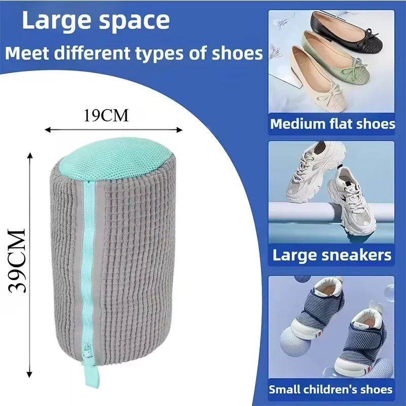 Gray cylindrical Shoe Washing Bag for Washing Machine with textured exterior and light blue zipper