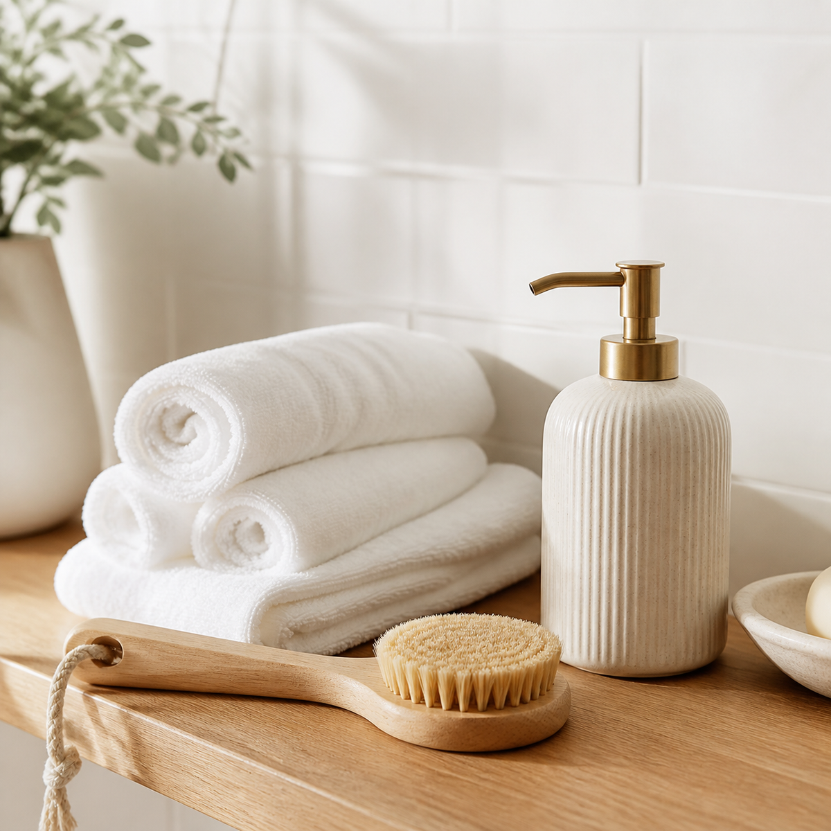 Bathroom category – rolled towels, bath brush and soap dispenser on a wooden shelf (AI-generated visualization)