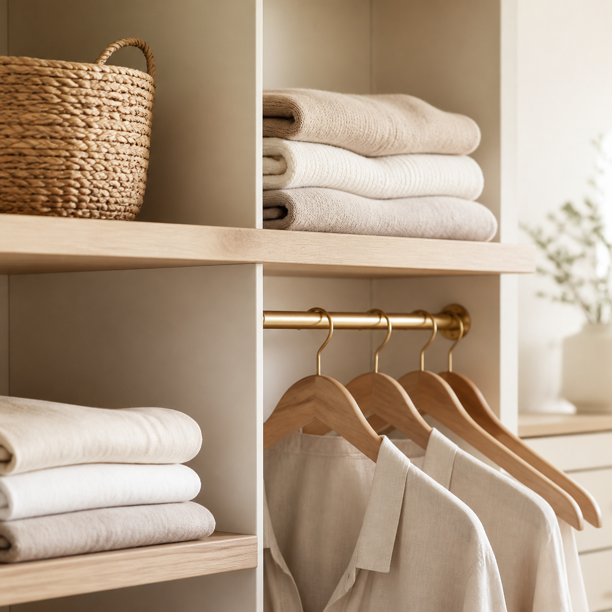 Closet & Storage category – folded linens, woven basket and wooden hangers (AI-generated visualization)