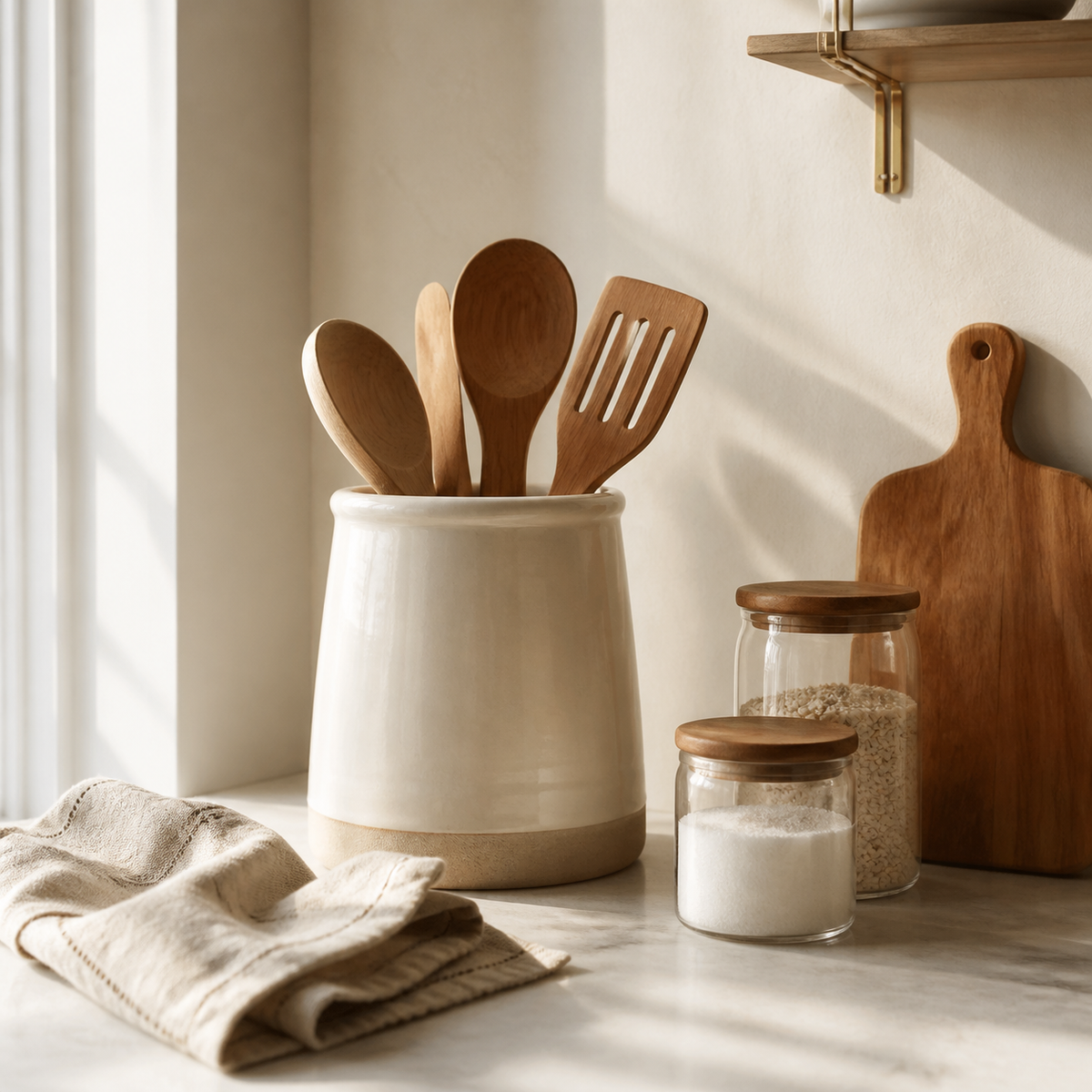 Kitchen category – ceramic crock with wooden utensils on a bright counter (AI-generated visualization)