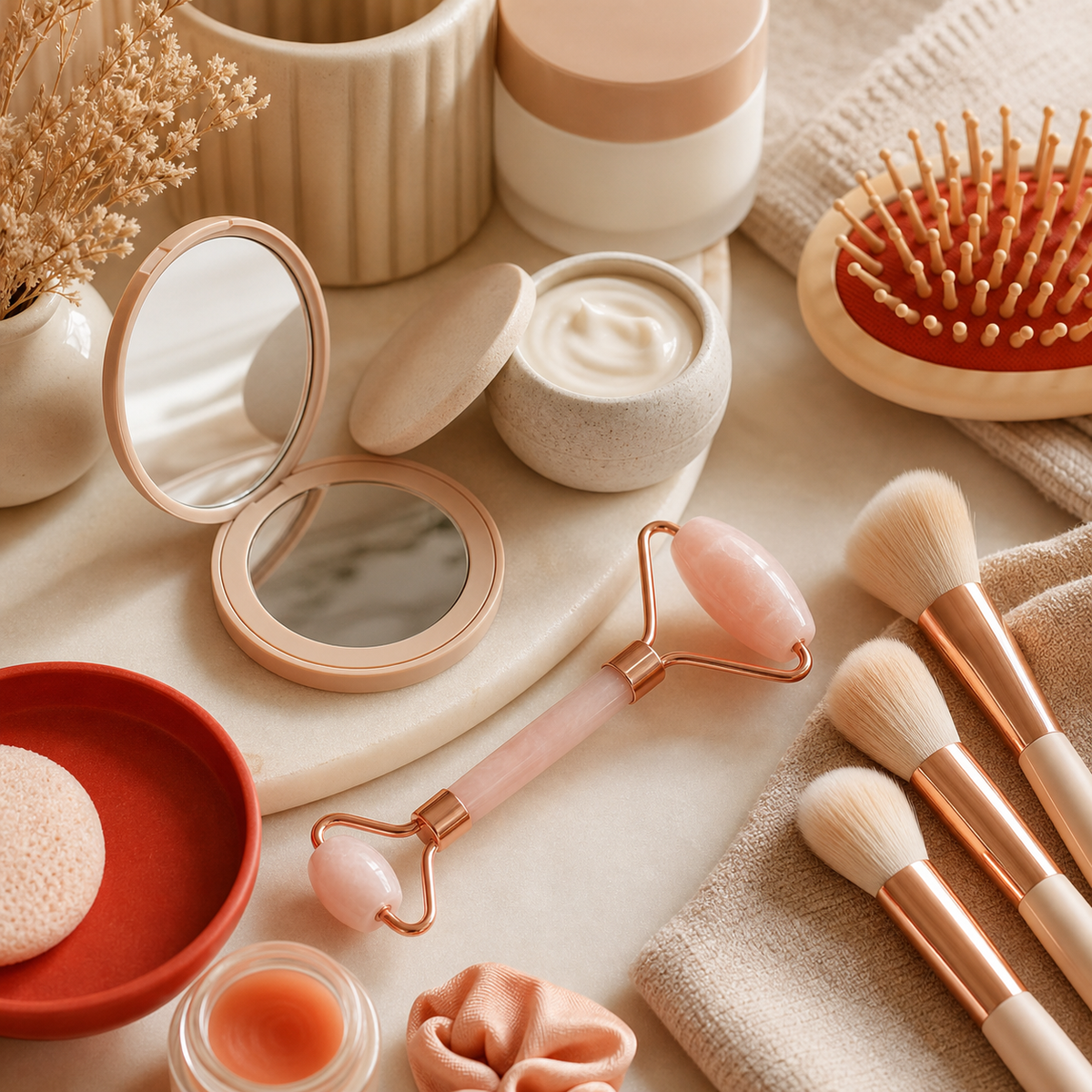 Unbranded beauty and self-care tools on a warm neutral backdrop