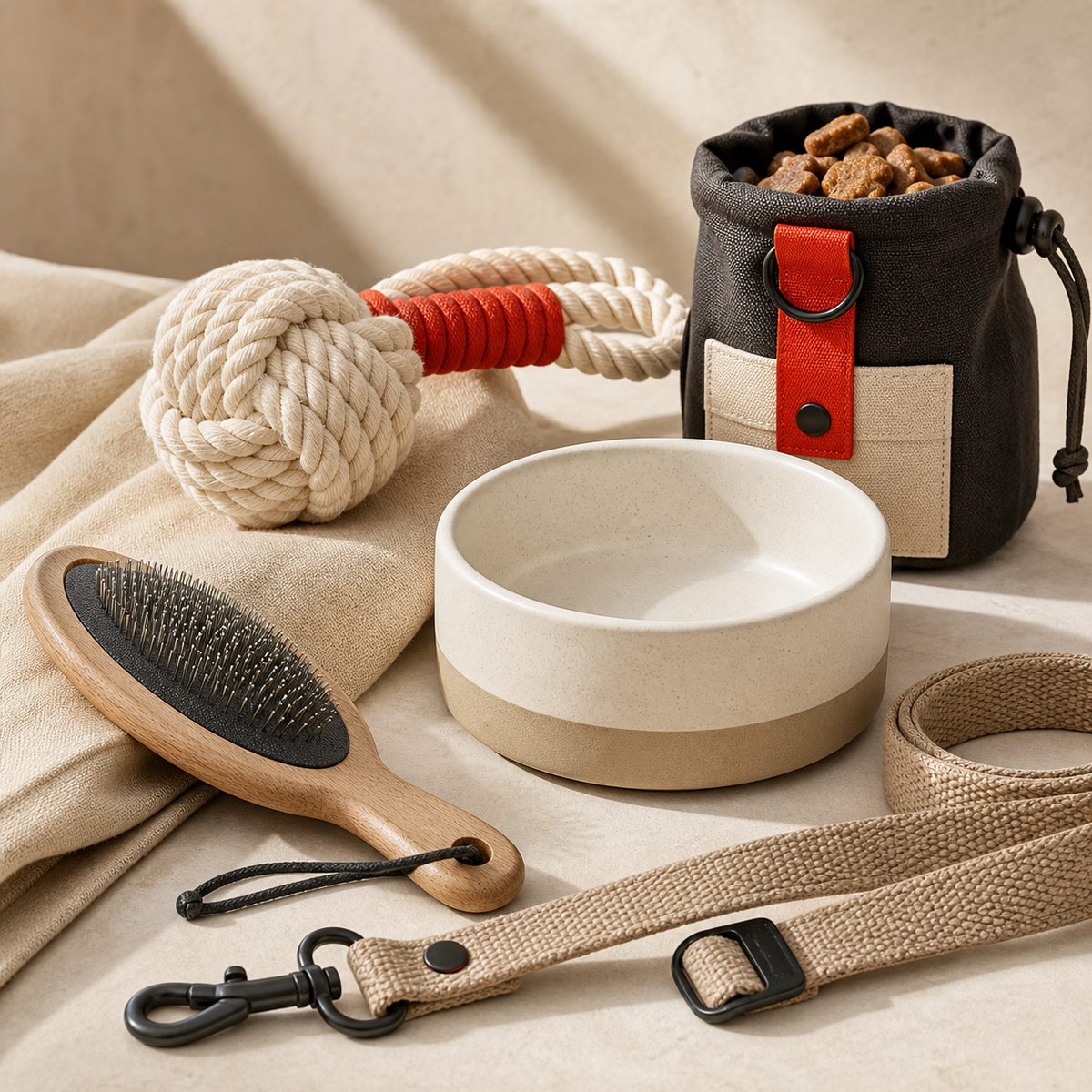 Unbranded pet care essentials on a warm neutral backdrop