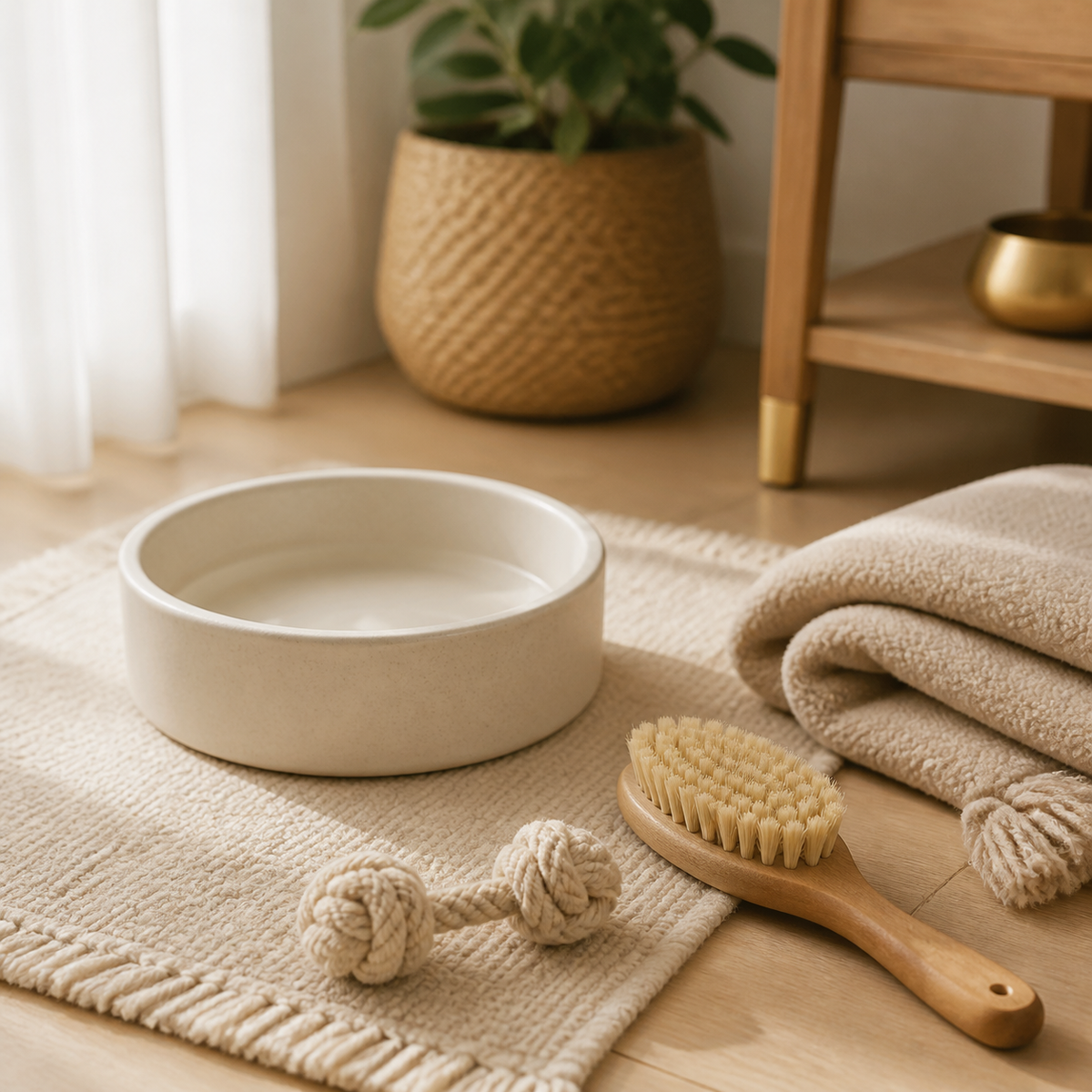 Pets category – ceramic pet bowl, natural brush and rope toy on a cozy rug (AI-generated visualization)