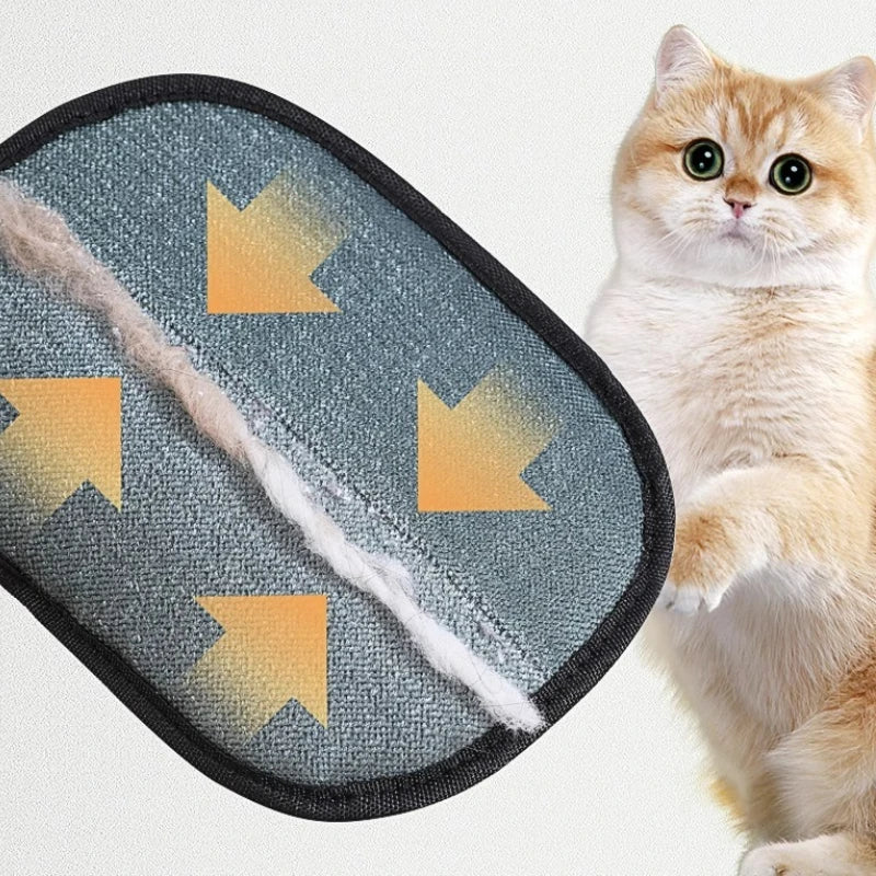 Orange and white cat beside a black Pet Grooming Glove holding collected fur