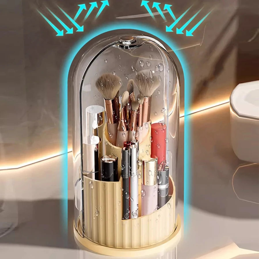 Yellow 180° Rotating Cosmetic Storage Box with clear dome, brushes, and lipsticks