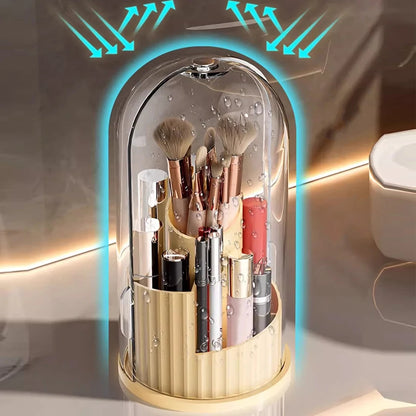Yellow 180° Rotating Cosmetic Storage Box with clear dome, brushes, and lipsticks