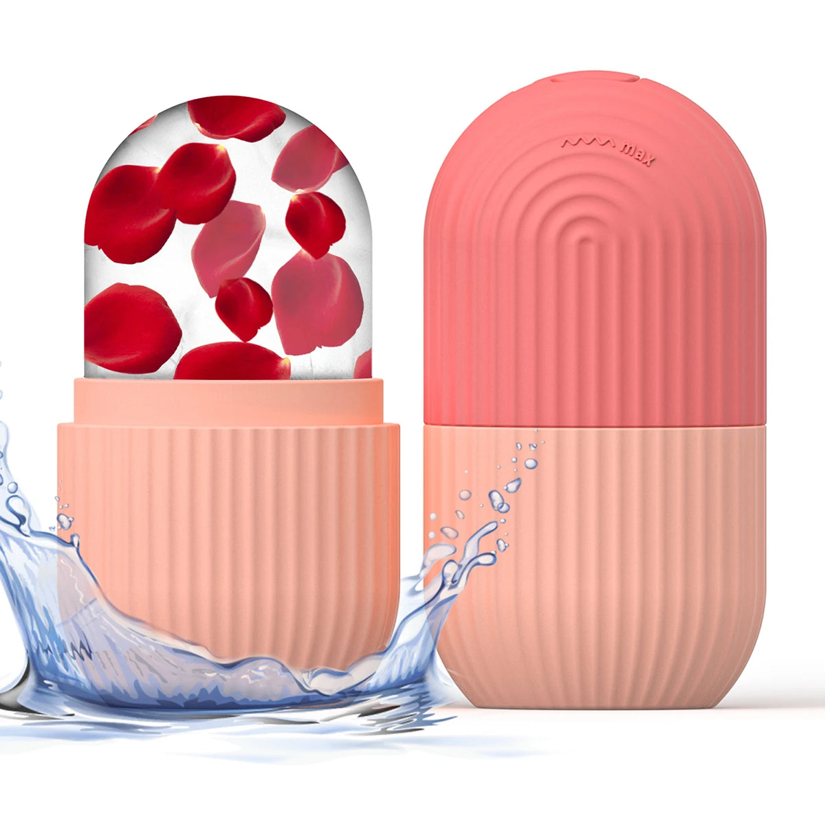 Silicone Face Ice Cube Mold & Roller with a clear dome, red cells and water splash