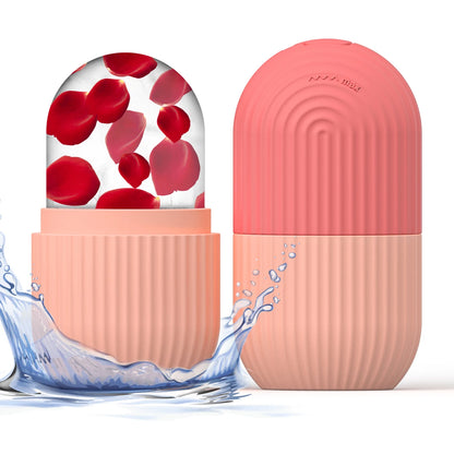 Silicone Face Ice Cube Mold & Roller with a clear dome, red cells and water splash