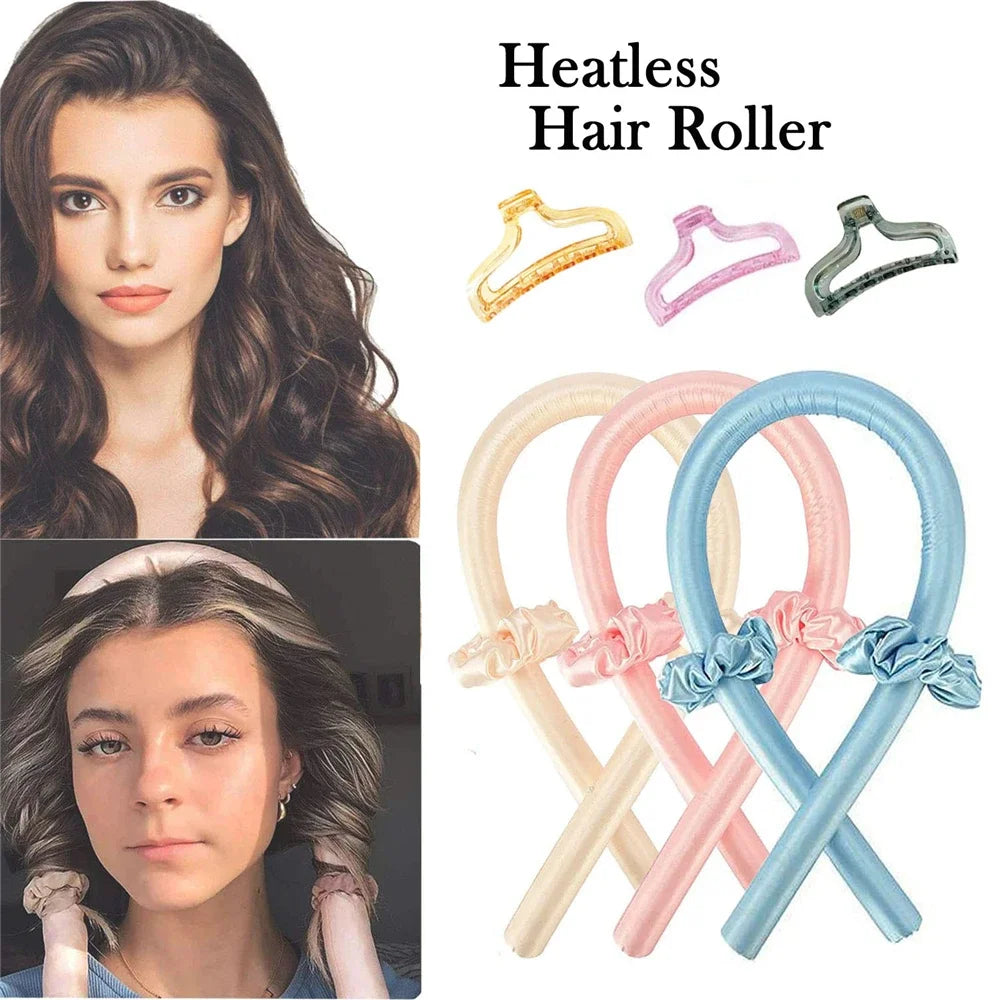 Heatless Curling Rod Headband Set in multiple colors beside curled and braided hairstyles