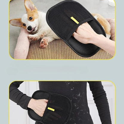 Black Pet Grooming Glove brushing a small white and brown dog on a pink cushion