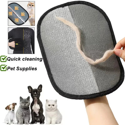 Gray and black Pet Grooming Glove removing light pet hair from dark fabric