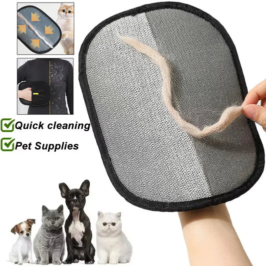 Gray and black Pet Grooming Glove removing light pet hair from dark fabric