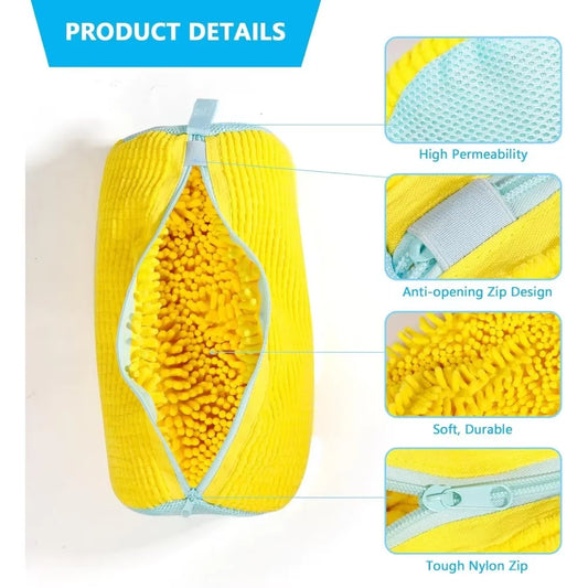 Open yellow Shoe Washing Bag for Washing Machine with blue zipper and textured mesh interior
