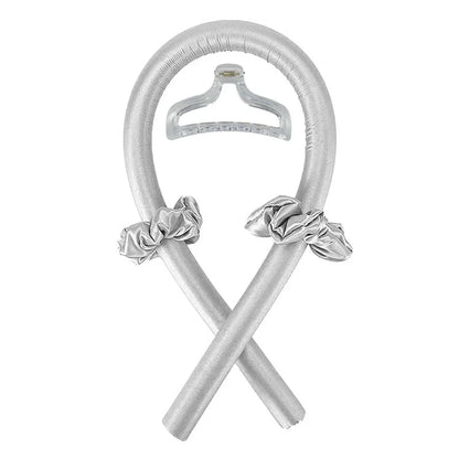 Silver U-shaped Heatless Curling Rod Headband Set with central clip and fabric bands