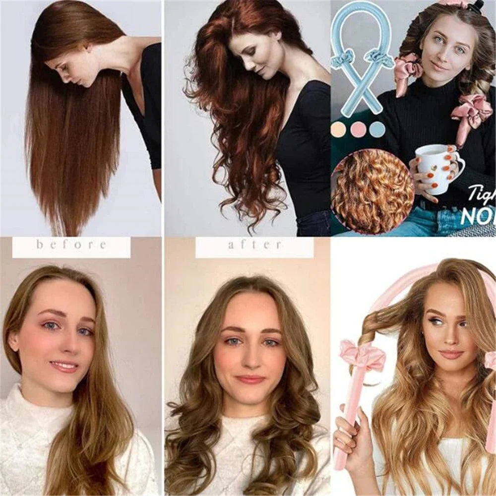 Woman wrapping long hair around a pink Heatless Curling Rod Headband Set