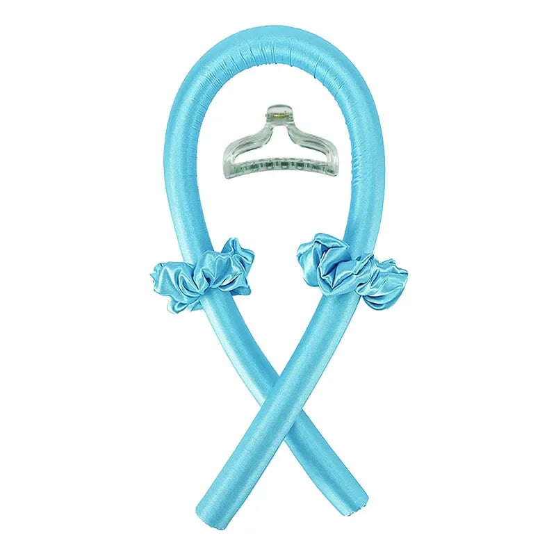 Blue Heatless Curling Rod Headband Set with silver clip and ruffled accents