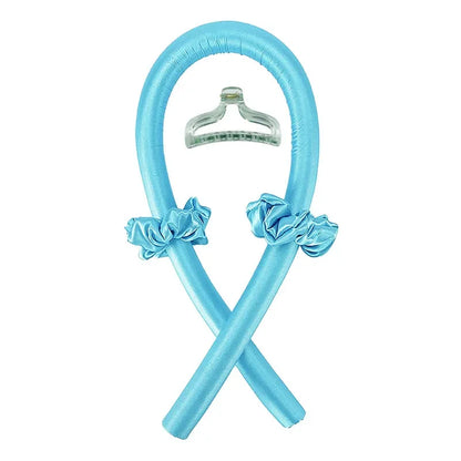 Blue Heatless Curling Rod Headband Set with silver clip and ruffled accents