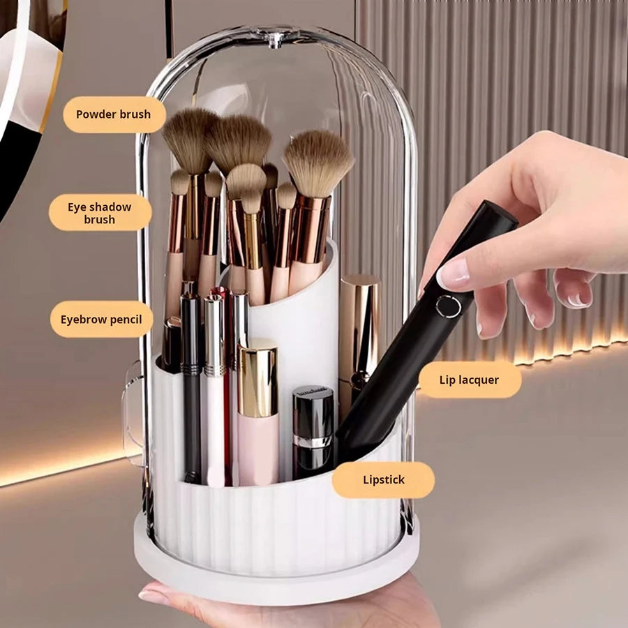 White 180° Rotating Cosmetic Storage Box with clear dome and divided makeup compartments