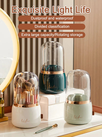 360° Rotating Makeup Brush Storage Box with clear dome, white base, gold accents and life logo