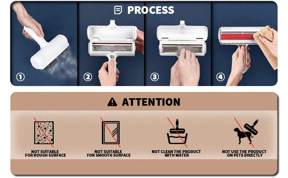 Care graphic showing how to empty and wipe the roller plus surfaces and uses to avoid.