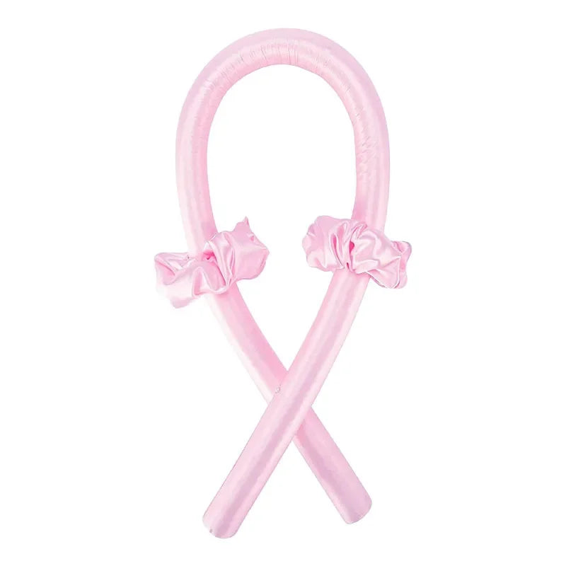 Pink no-clip Heatless Curling Rod Headband Set with glossy loops and fabric ruffles