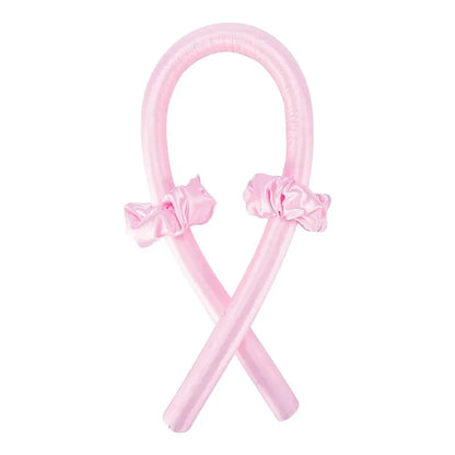 Pink no-clip Heatless Curling Rod Headband Set with glossy loops and fabric ruffles