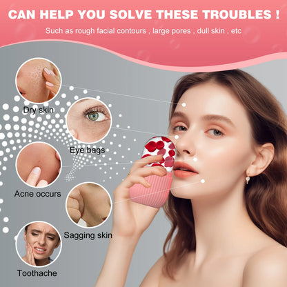 Woman applying a pink Silicone Face Ice Cube Mold & Roller to her cheek
