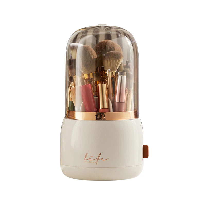 360° Rotating Makeup Brush Storage Box with white base and neatly arranged gold, pink and black brushes