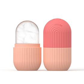 Rose pink Silicone Face Ice Cube Mold & Roller with dome top and ribbed cylindrical base