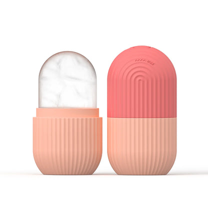 Rose pink Silicone Face Ice Cube Mold & Roller with dome top and ribbed cylindrical base