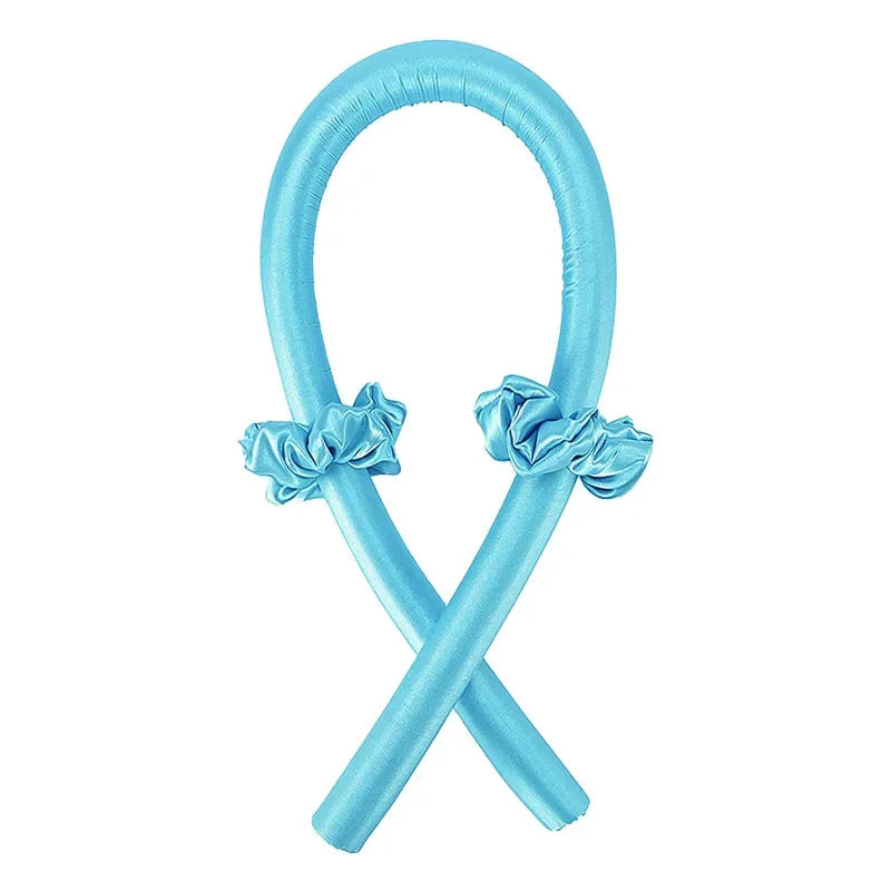 Light blue foam Heatless Curling Rod Headband Set crossed with ruffled ends