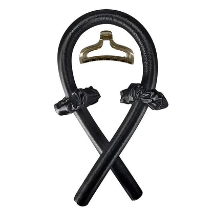 Black looped Heatless Curling Rod Headband Set with elastic bands and metal clip