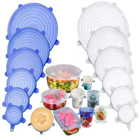 Blue and white Silicone Stretch Lids 6 Pack in six sizes with covered food containers