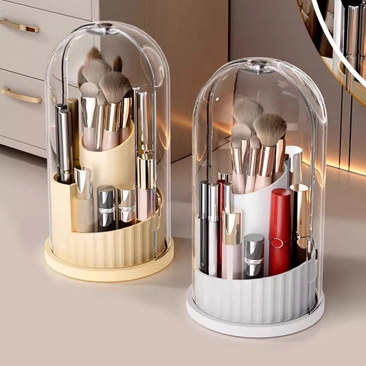 Two 180° Rotating Cosmetic Storage Boxes in yellow and white filled with makeup