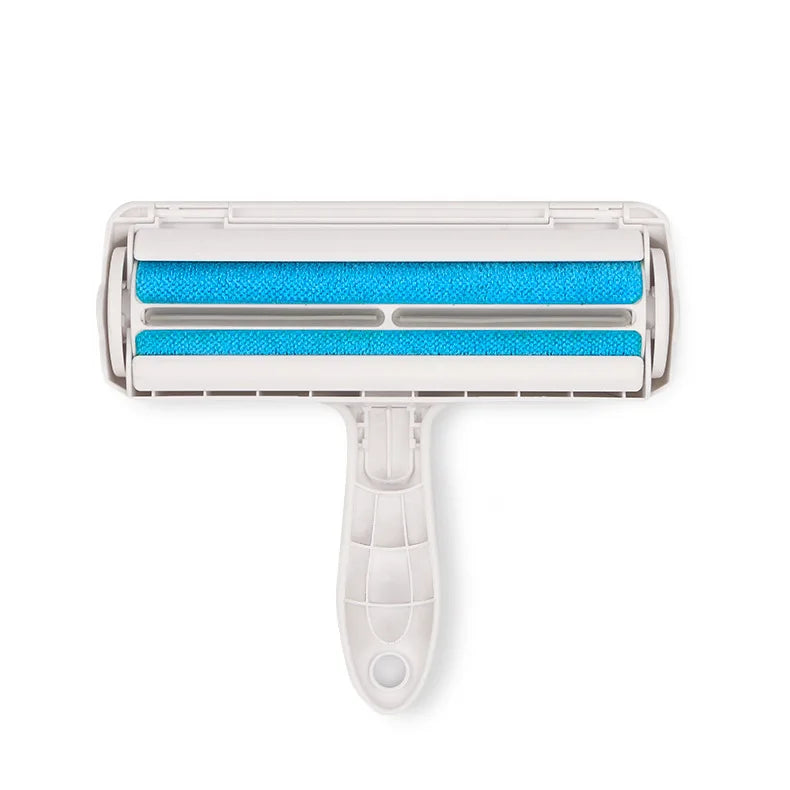 Front view of the reusable pet hair roller with blue fabric strips on a white background.