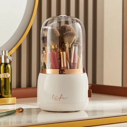 White 360° Rotating Makeup Brush Storage Box with colorful brushes and a clear dome lid