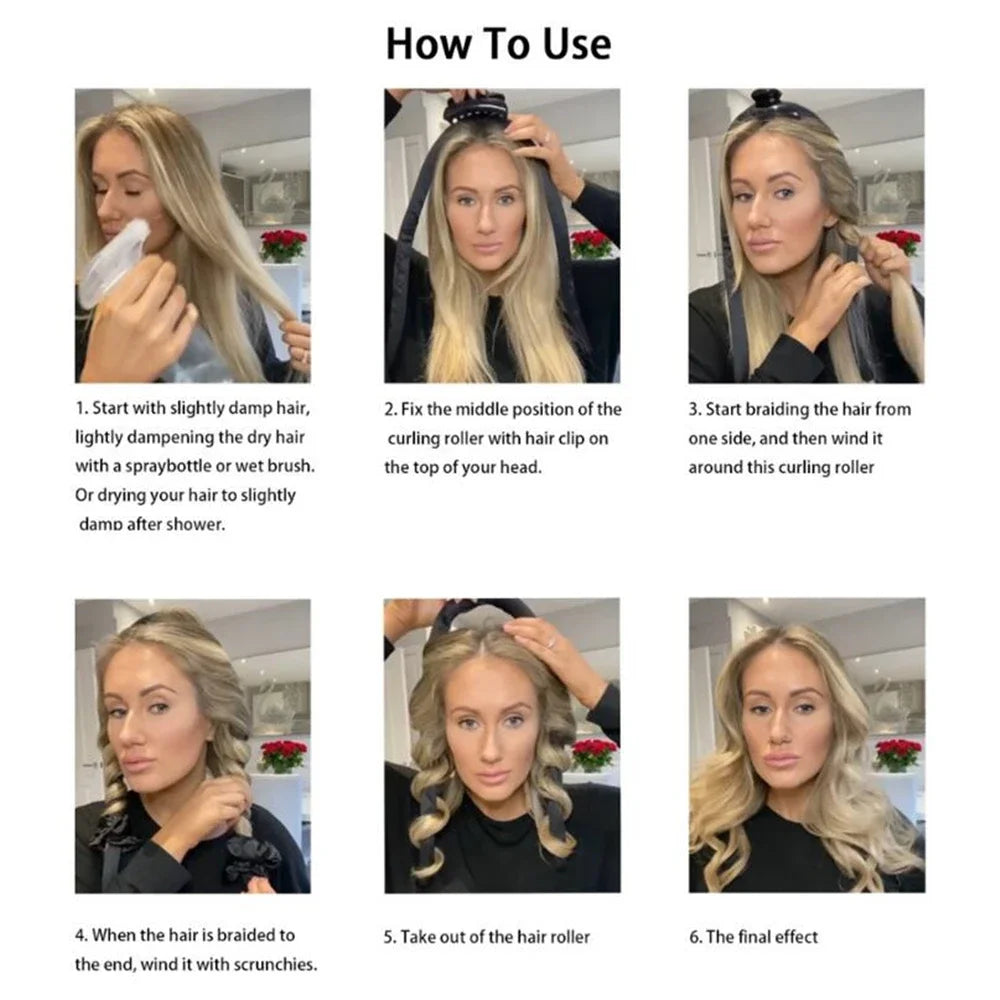 Heatless Curling Rod Headband Set guide from rod placement to defined blonde curls