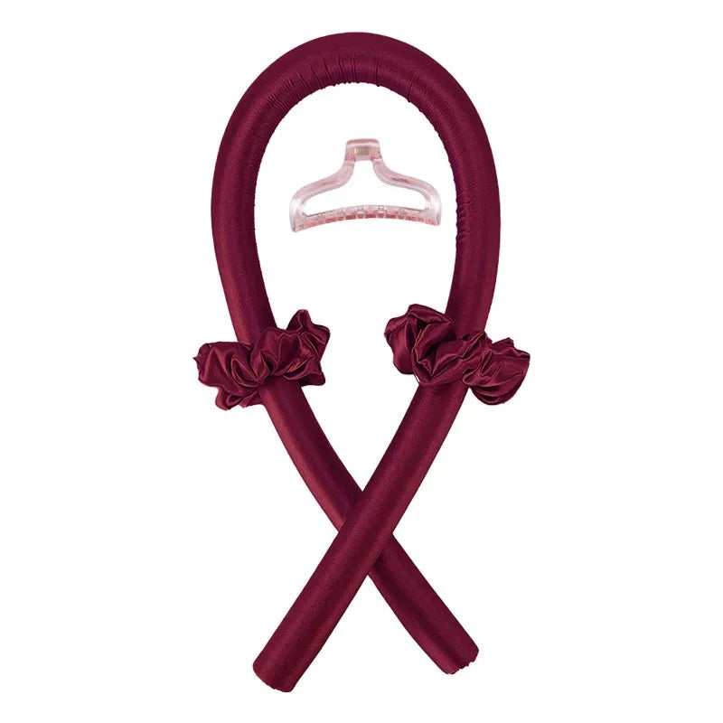 Maroon velvet Heatless Curling Rod Headband Set with clear clip and side bows