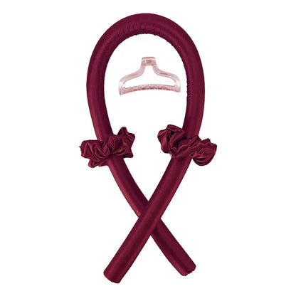 Maroon velvet Heatless Curling Rod Headband Set with clear clip and side bows