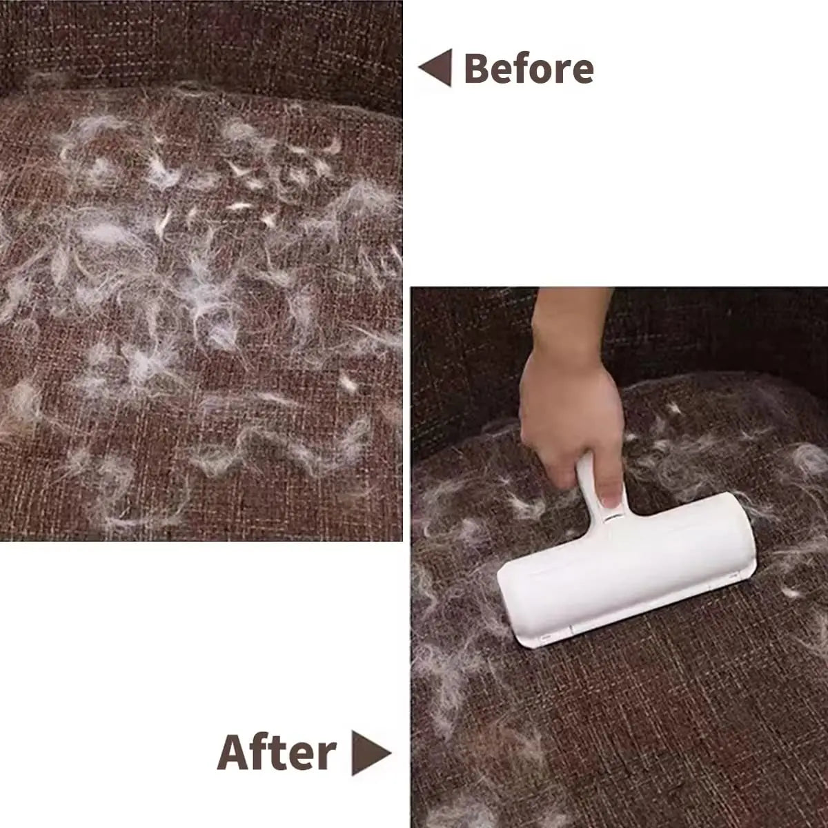 Before-and-after demonstration of the roller collecting loose pet hair from a brown fabric sofa.