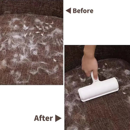 Before-and-after demonstration of the roller collecting loose pet hair from a brown fabric sofa.