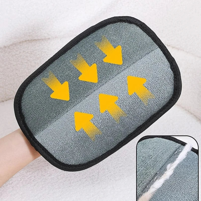 Gray textured Pet Grooming Glove with arrows demonstrating the wiping direction