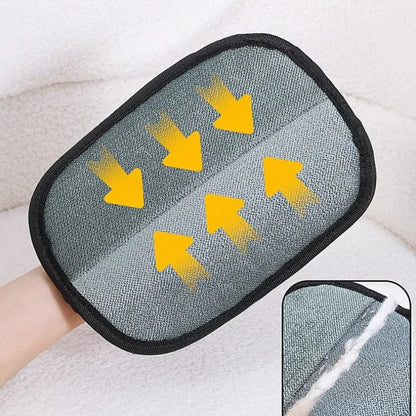 Gray textured Pet Grooming Glove with arrows demonstrating the wiping direction