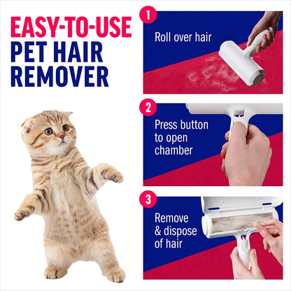 Three-step graphic: roll over loose hair, press the release button, then empty the chamber.