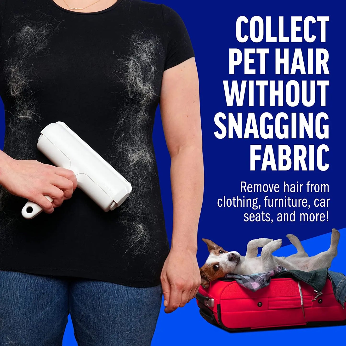Person using the reusable roller to collect loose pet hair from a black shirt.