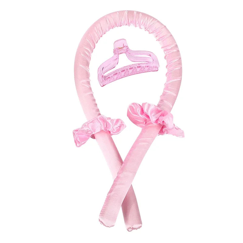 Pink Heatless Curling Rod Headband Set with matching clips on a white background