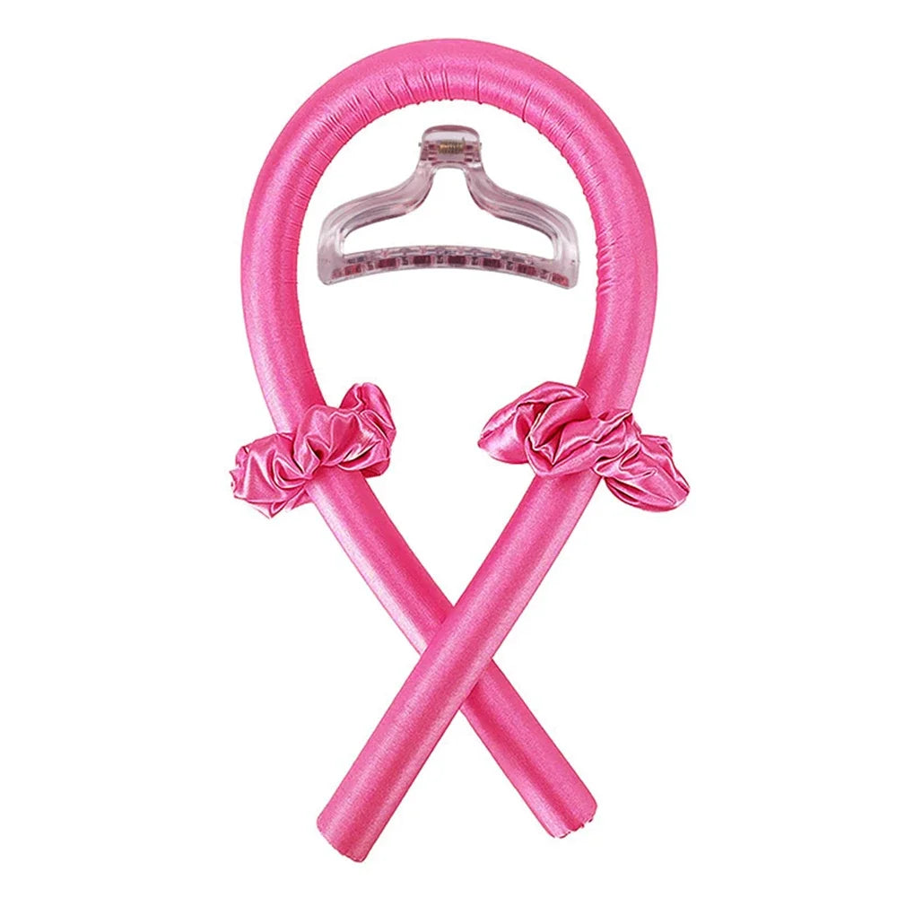 Pink looped Heatless Curling Rod Headband Set with clear clip and satin bows