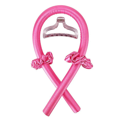 Pink looped Heatless Curling Rod Headband Set with clear clip and satin bows