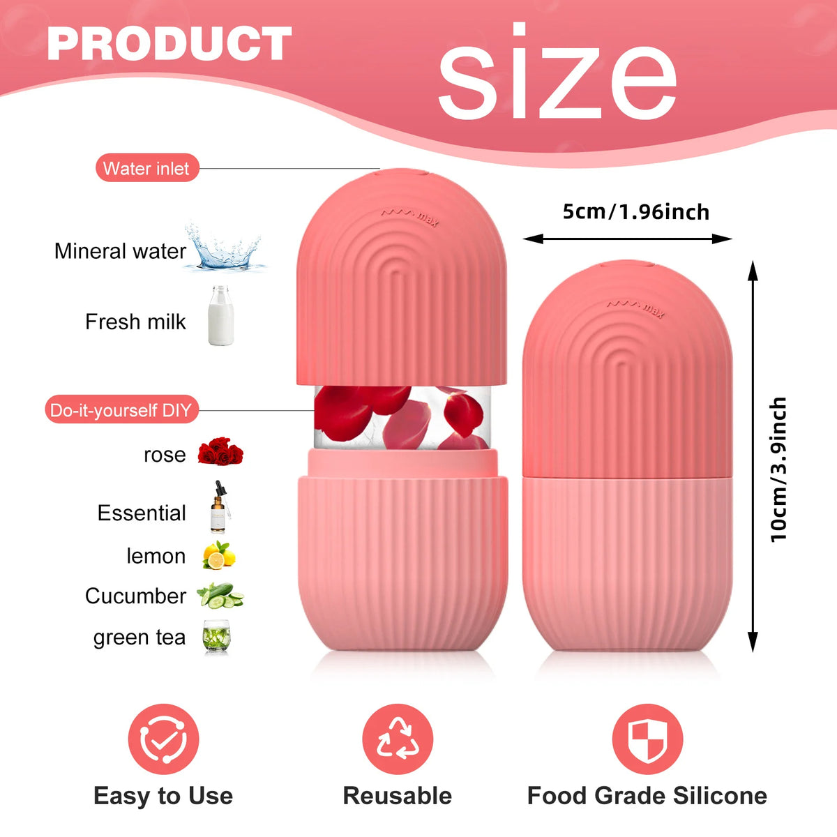 Pink Silicone Face Ice Cube Mold & Roller with rose petals, water inlet and dimensions