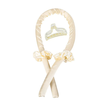 Beige Heatless Curling Rod Headband Set wrapped in a curl with ruffled edge and clip